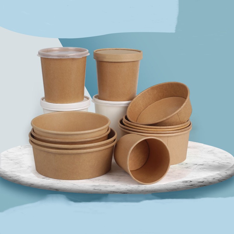 Custom Printed Takeaway Kraft Paper Food Packaging Bowl With Lid Disposable Food Container Biodegradable Container Kraft Paper Bowl Salad Bowl Lunch Box